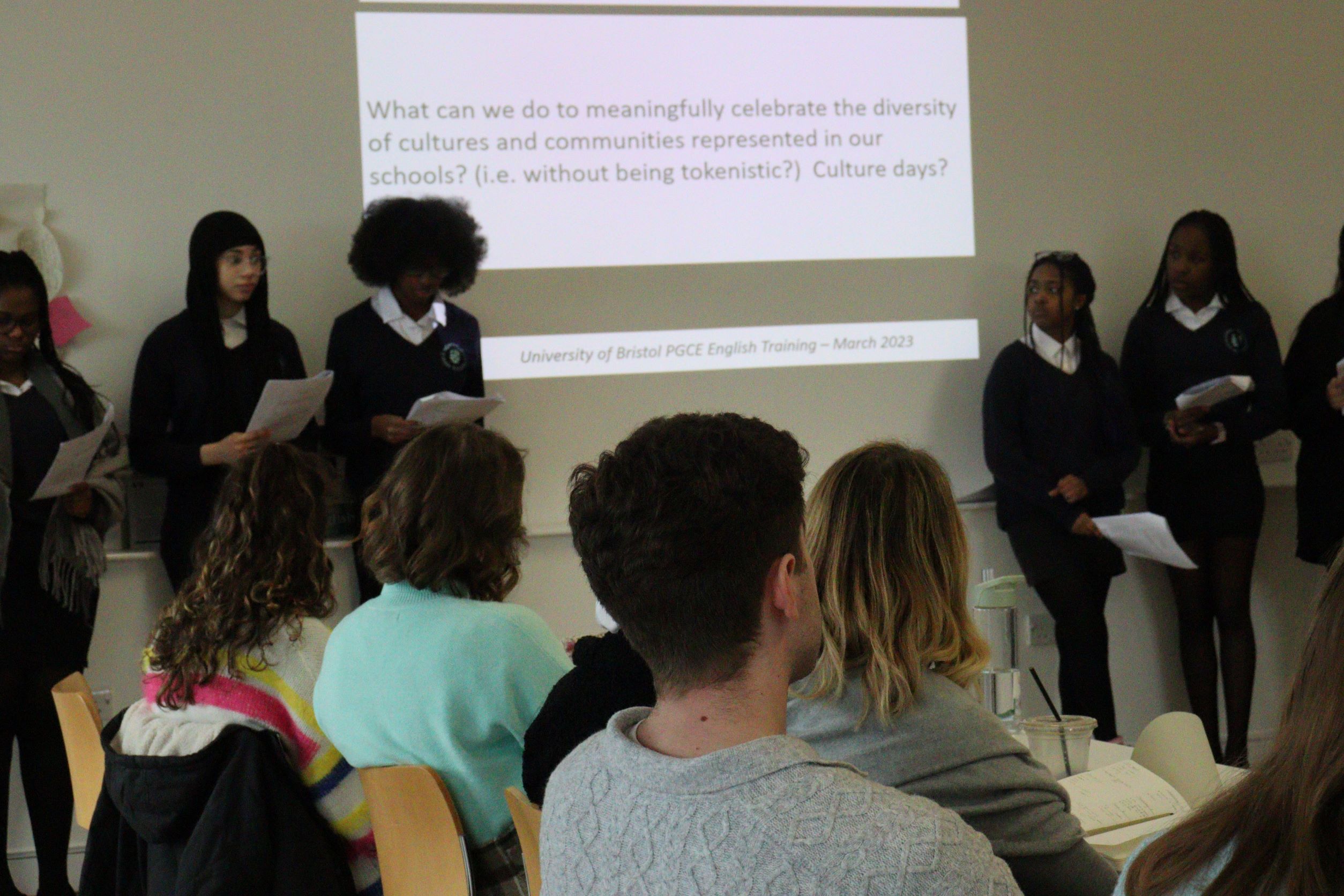 Young people from Montpelier High School in a group called Tackling Diversity in Teaching answer questions in a Q& A panel with University of Bristol PGCE students